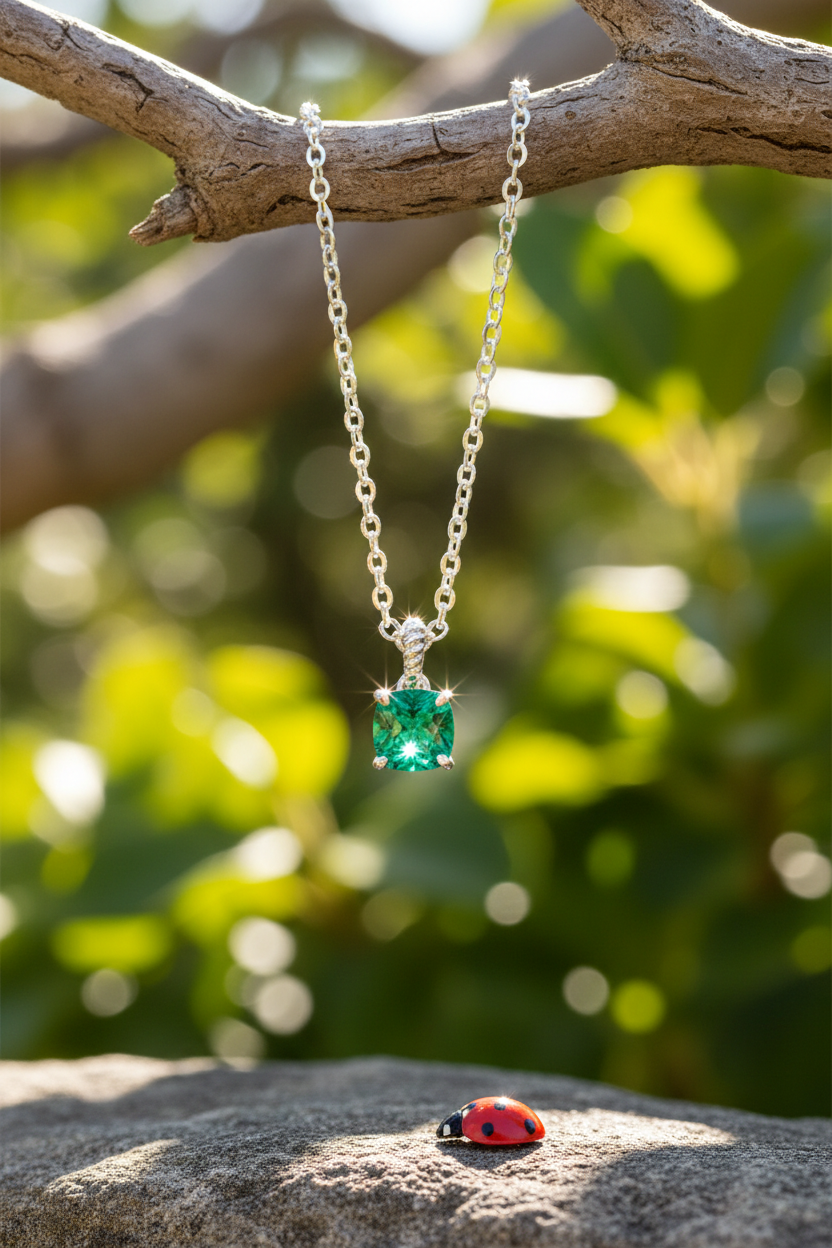 Emerald pendant hanging in sunshine above rock with ladybug