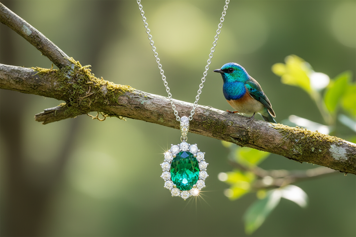 Emerald pendant with bird on branch