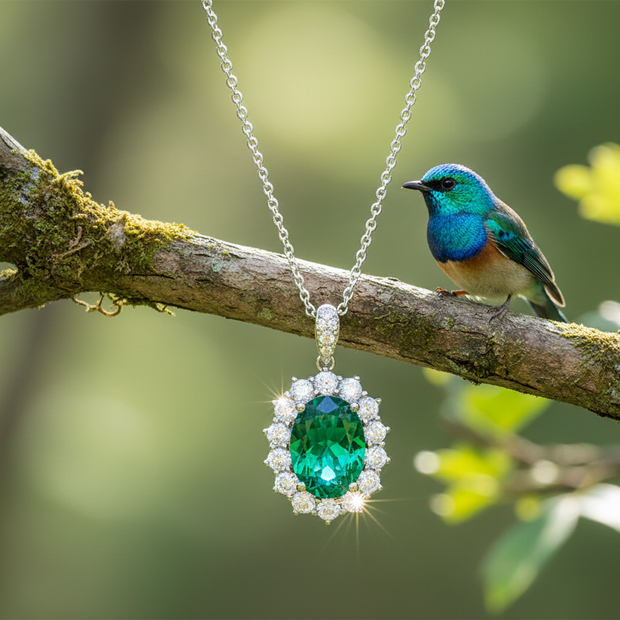 Emerald pendant with bird on branch