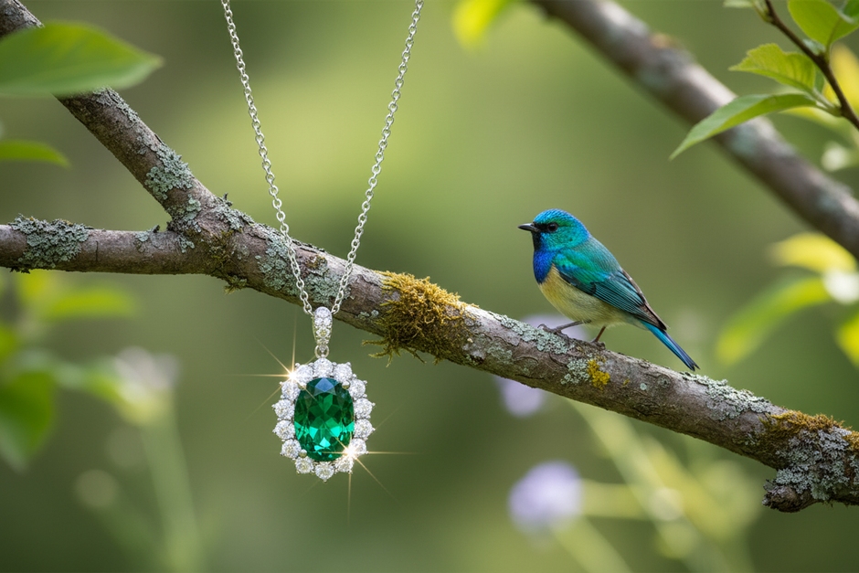 Emerald pendant with bird on opposite side