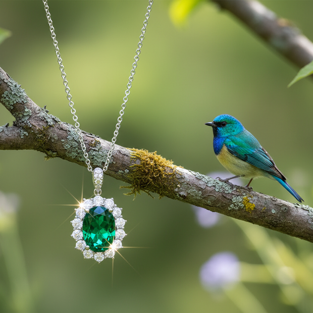 Emerald pendant with bird on opposite side