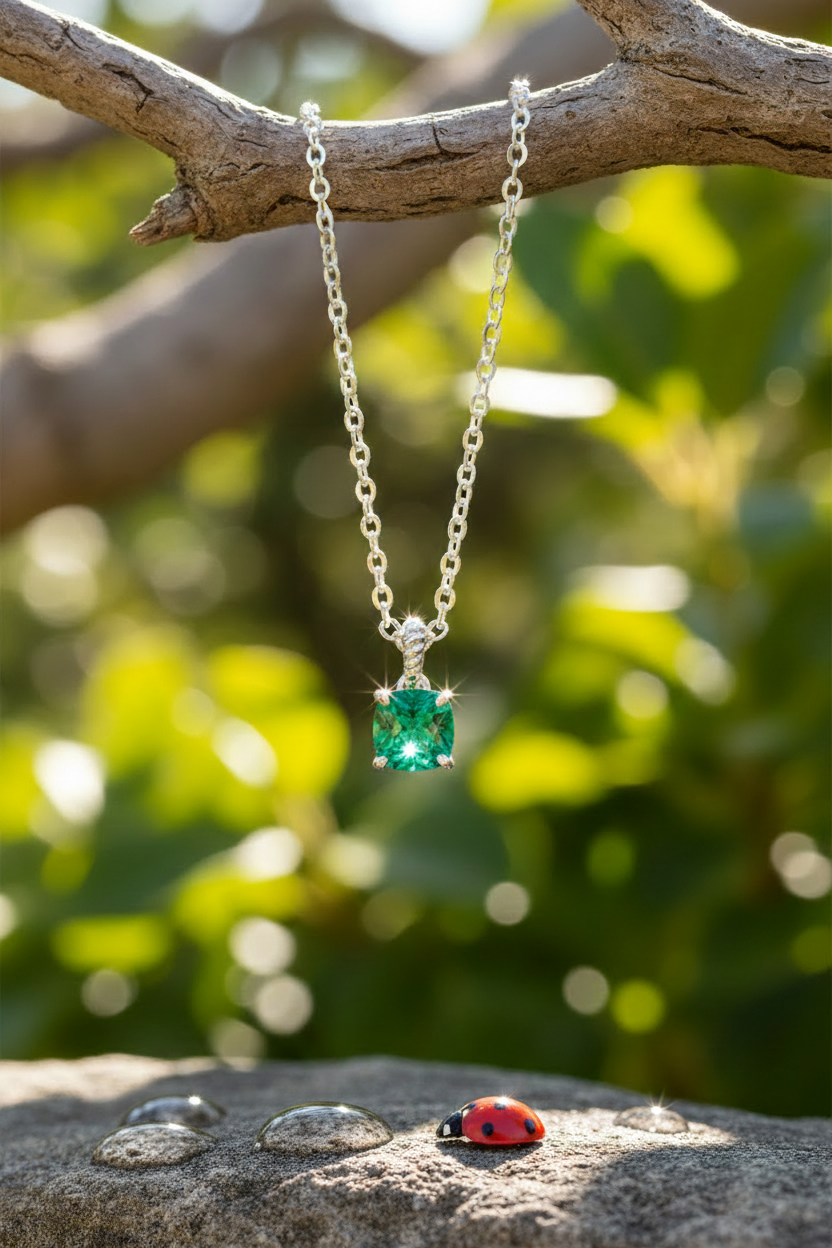Emerald pendant with water droplets on rock