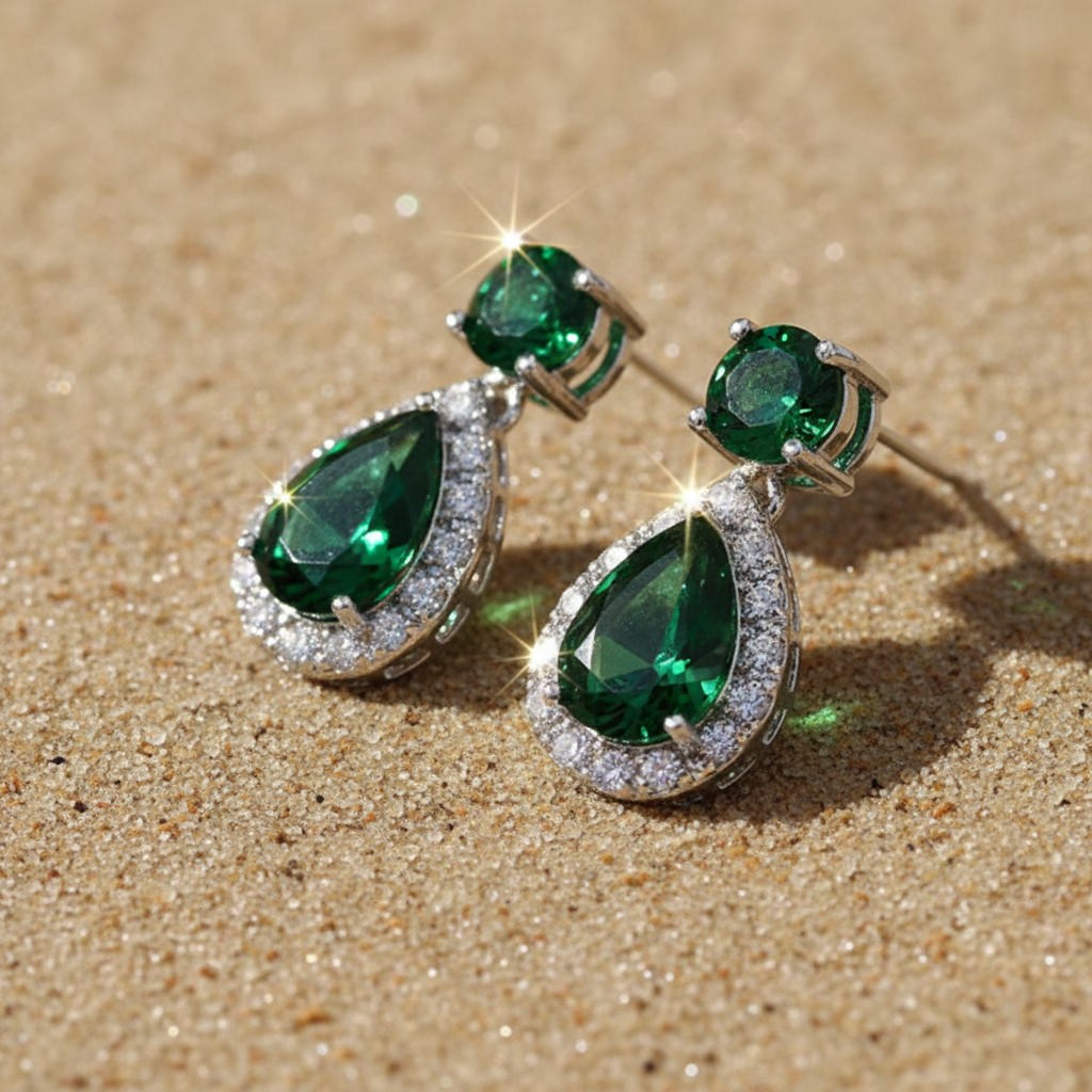 Emerald Teardrop Earrings - Right to Left Angle