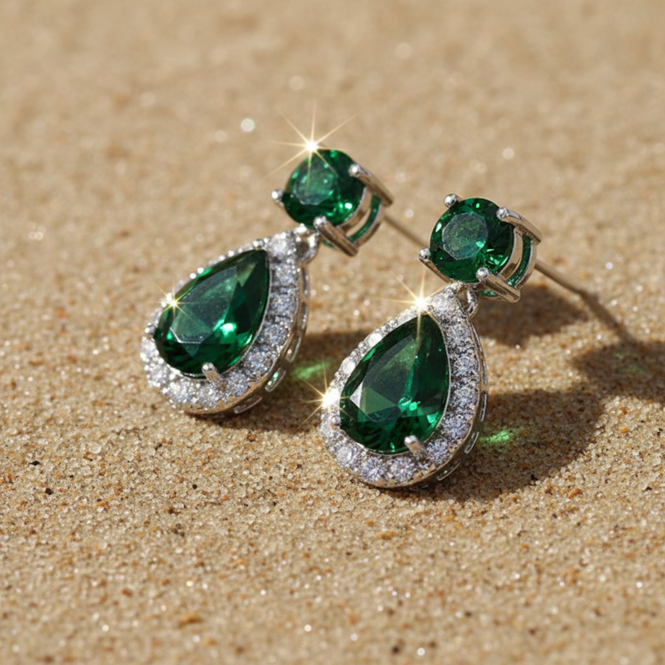 Emerald Teardrop Earrings - Right to Left Angle