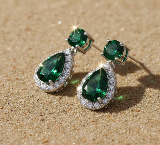 Emerald Teardrop Earrings - Right to Left Angle