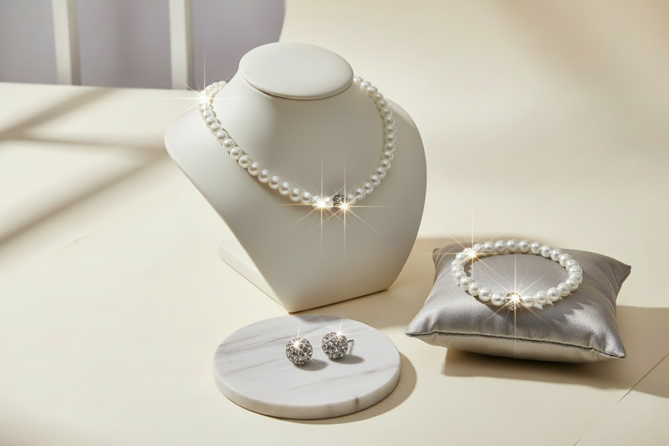 Enhanced pearl necklace with sparkling silver studs