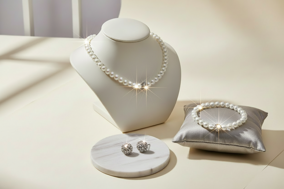 Enhanced pearl necklace with sparkling silver studs