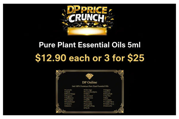Promotional graphic for DP Price Crunch Pure Plant Essential Oils 5ml, showing the DP Price Crunch logo at the top, pricing text in the center, and a DP Online product information card at the bottom on a black background.