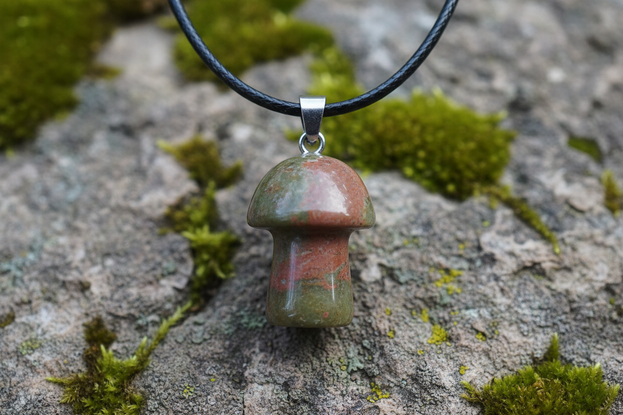 Fancy Jasper Mushroom Pendant – Rock Surface with Moss