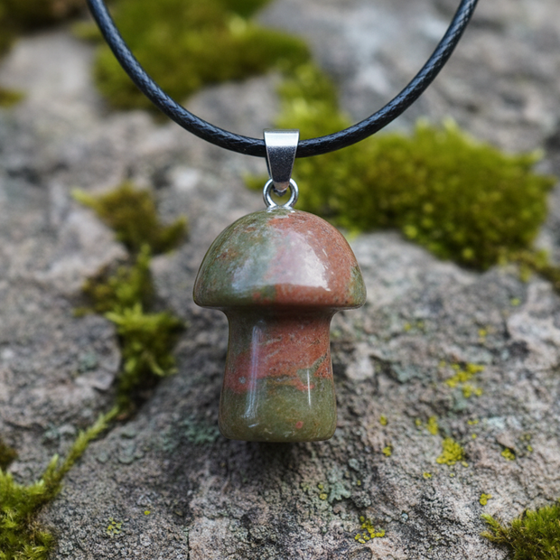 Fancy Jasper Mushroom Pendant – Rock Surface with Moss