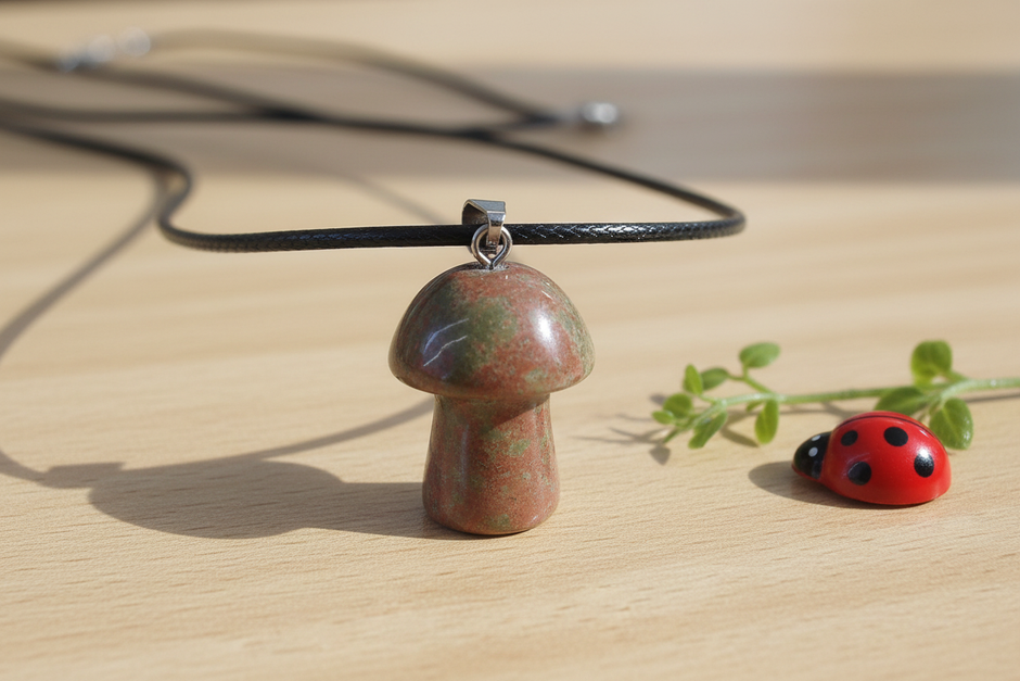 Fancy Jasper Mushroom Pendant – Wooden Surface with Greenery & Ladybug