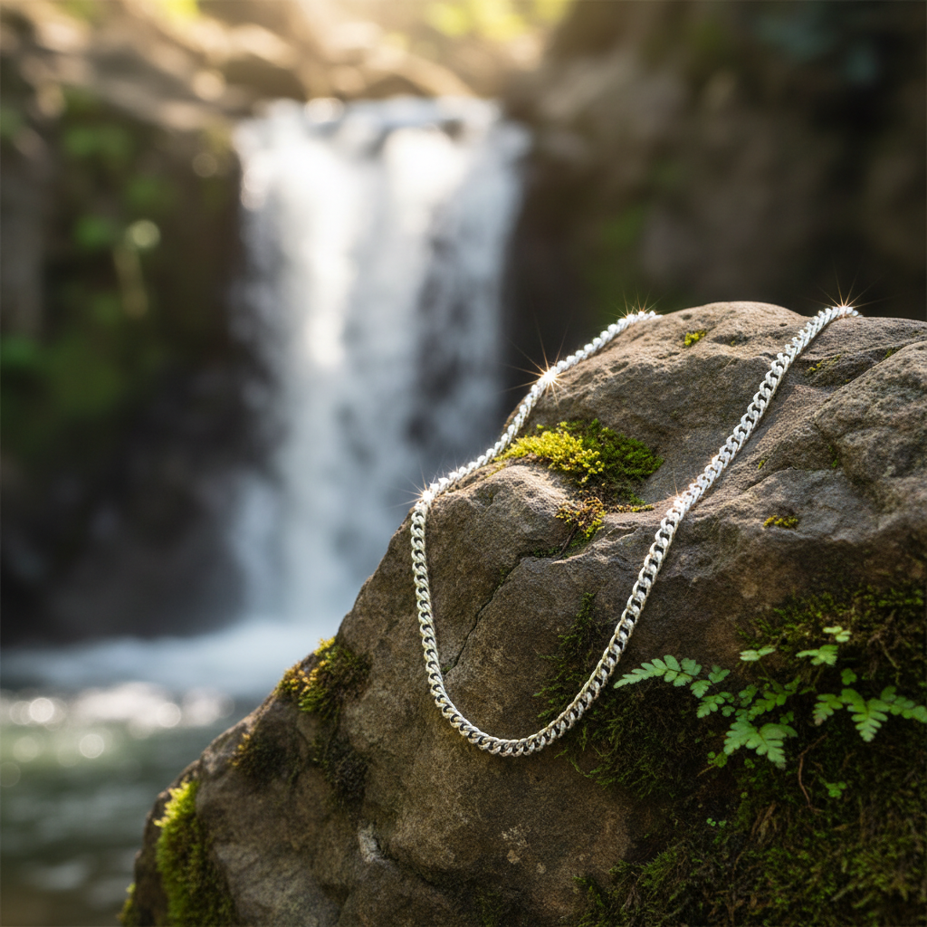 Figaro chain on mossy rock with waterfall