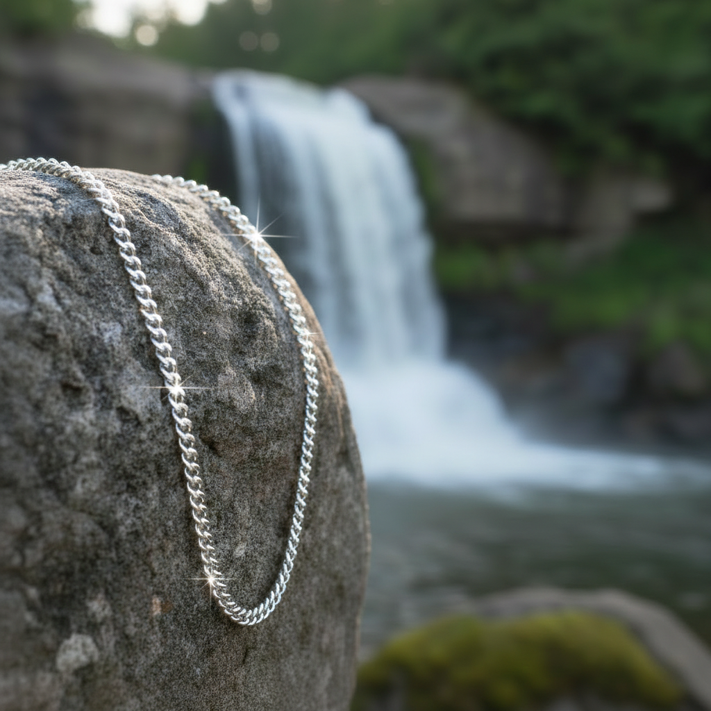 Figaro chain with enhanced sparkle beside waterfall