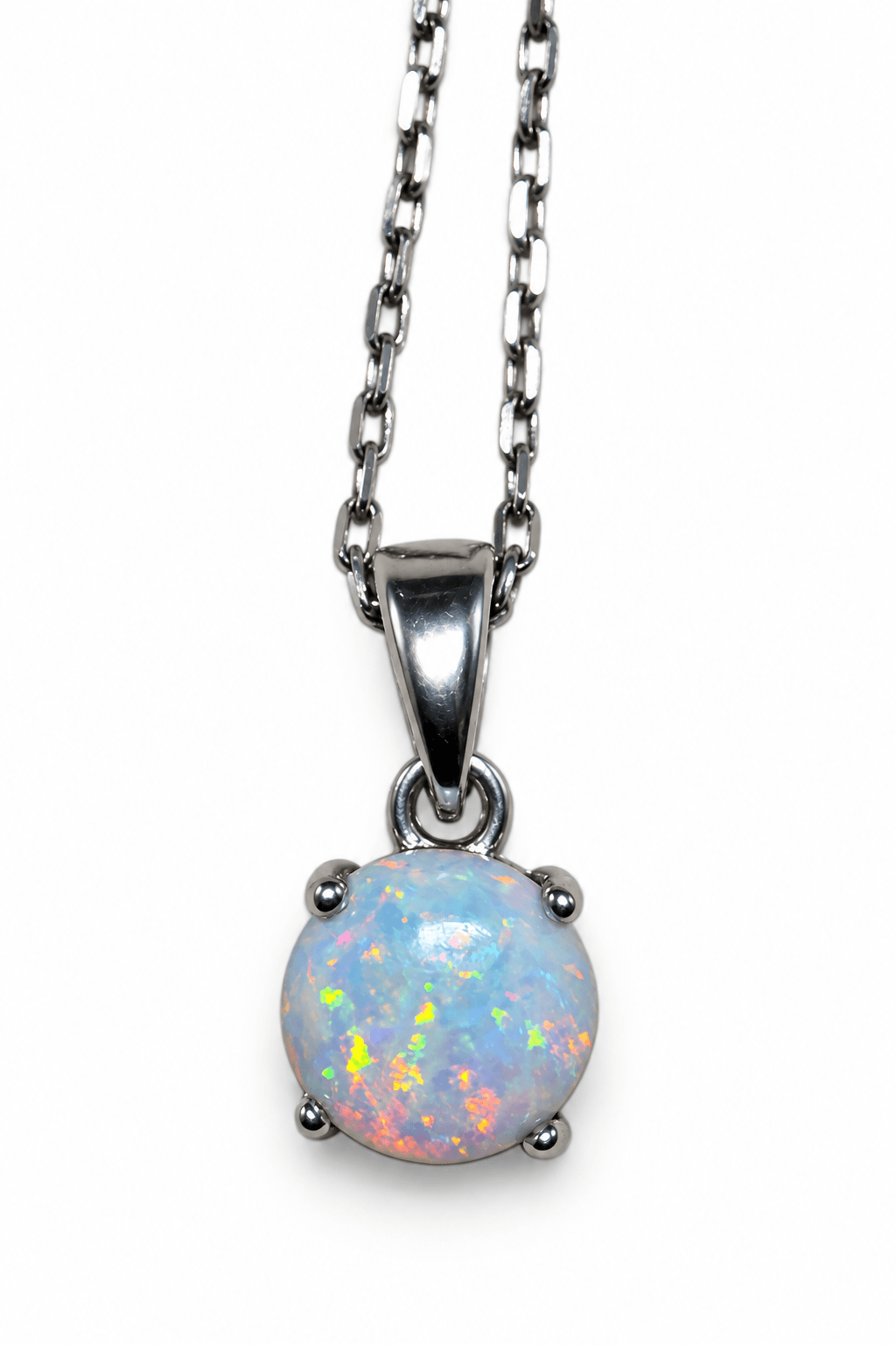 925 Sterling Silver 5mm White Fire Opal Pendant Necklace
