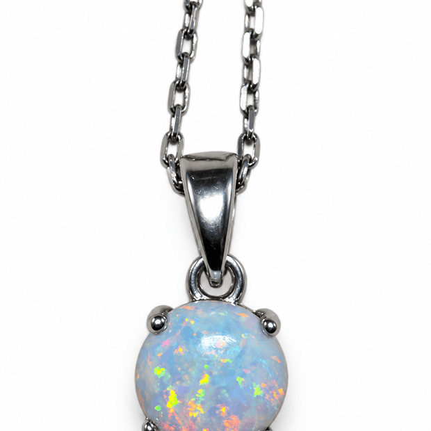 925 Sterling Silver 5mm White Fire Opal Pendant Necklace