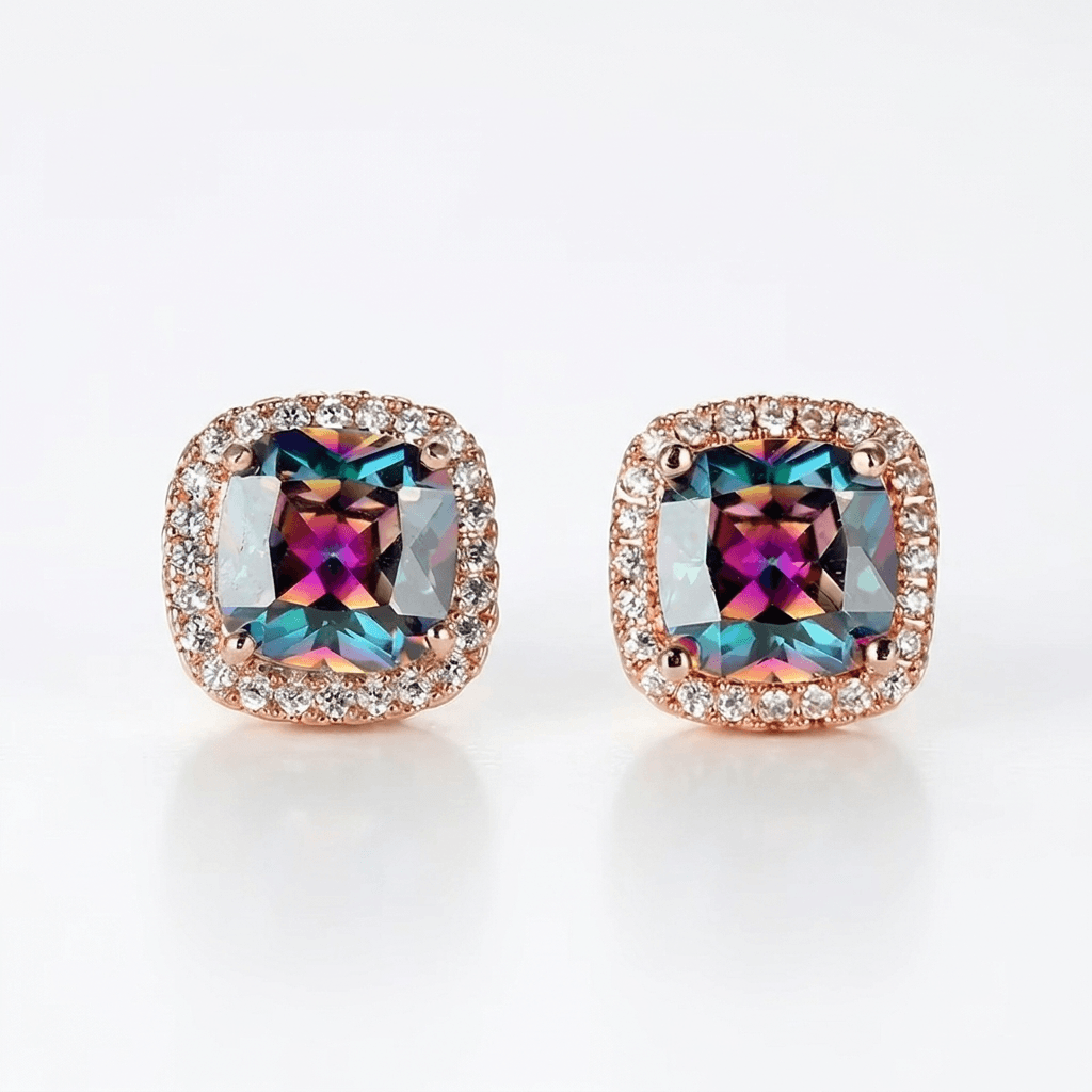 18ct Rose Gold 1ct Square Rainbow Moissanite Stud Earrings