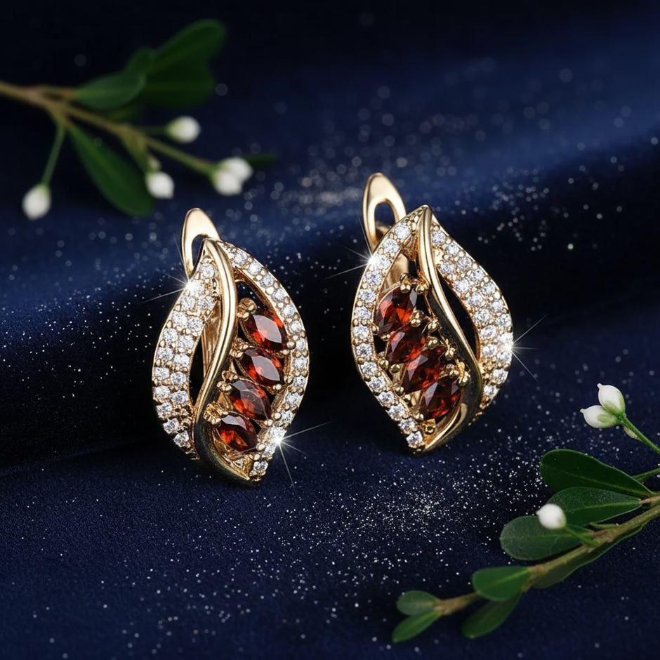 Garnet Leaf Earrings - Navy Dust Greenery