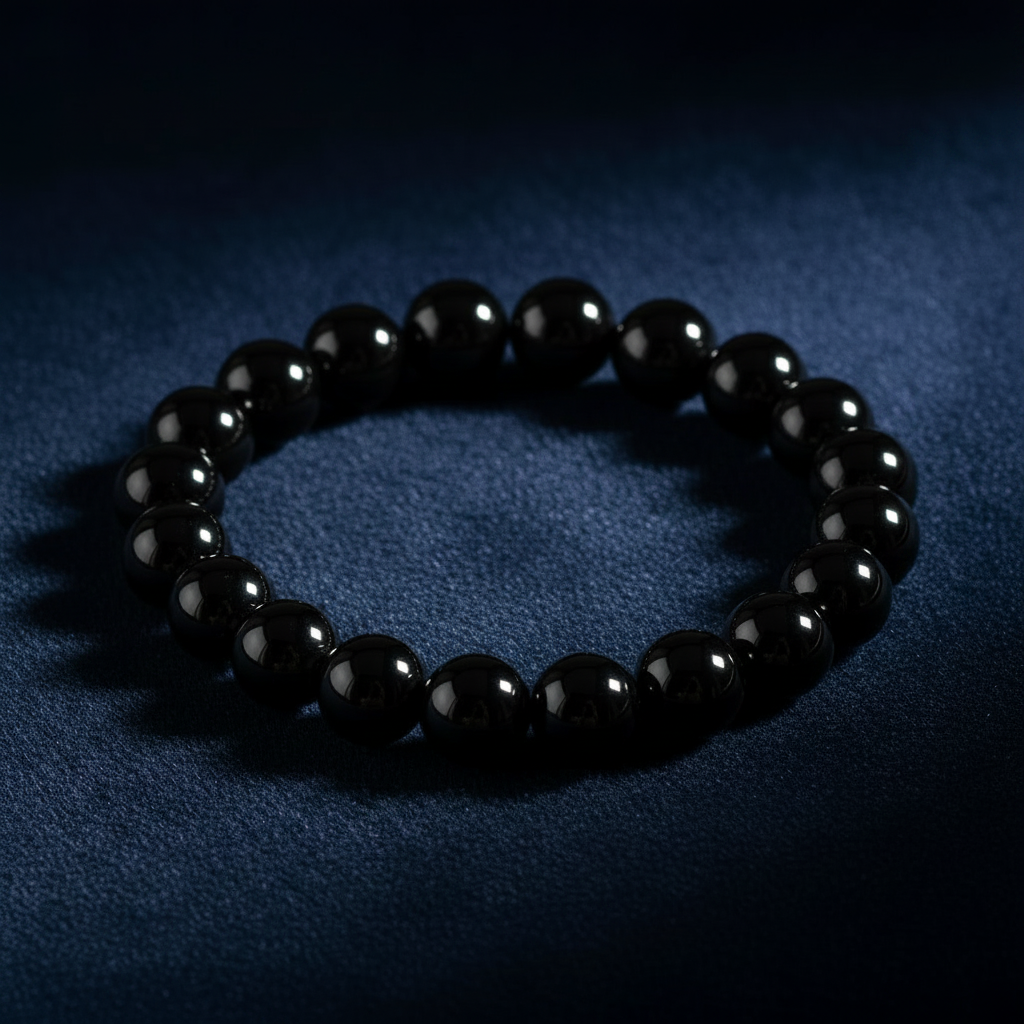 Glossy Black Bracelet Angled on Navy Velvet