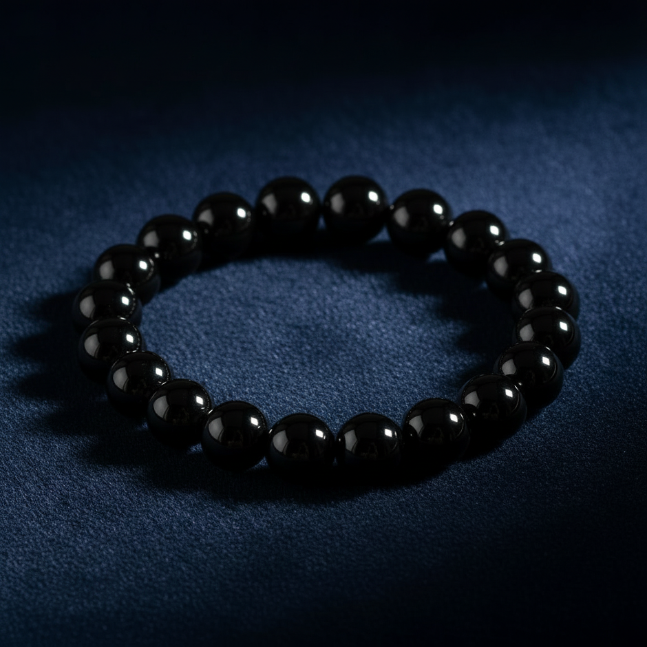 Glossy Black Bracelet Angled on Navy Velvet