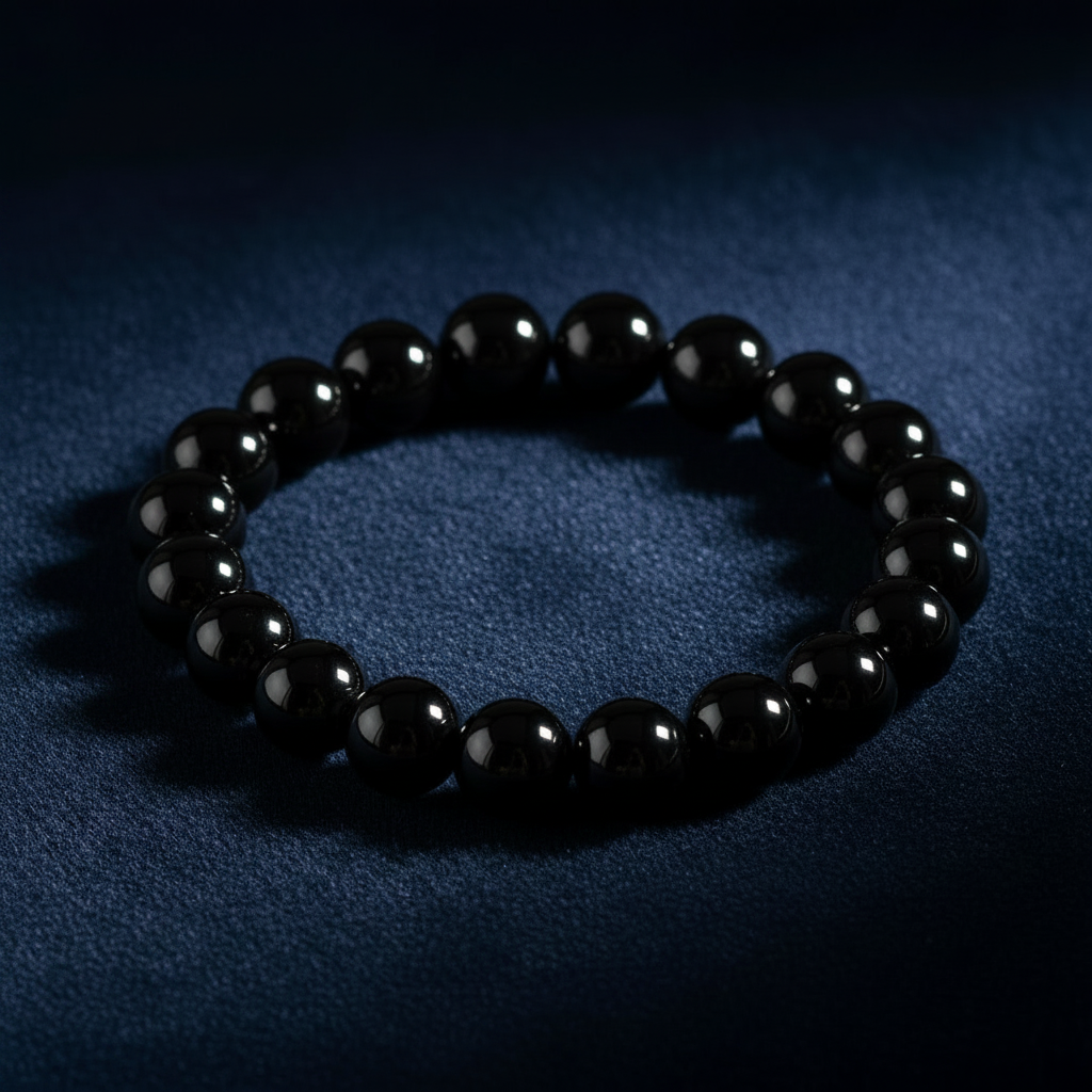 Glossy Black Bracelet Overhead on Navy Velvet