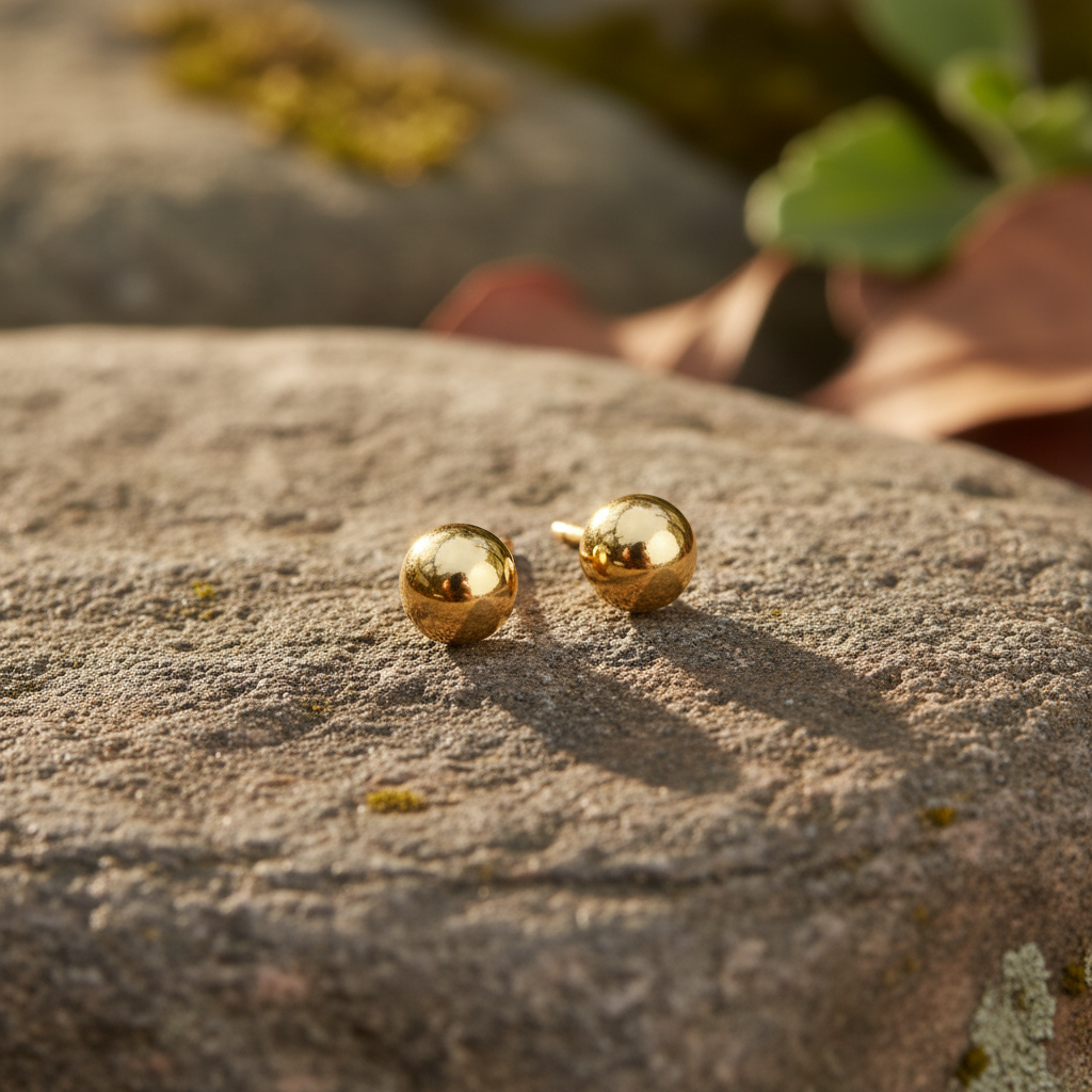 Gold ball earrings on natural rock