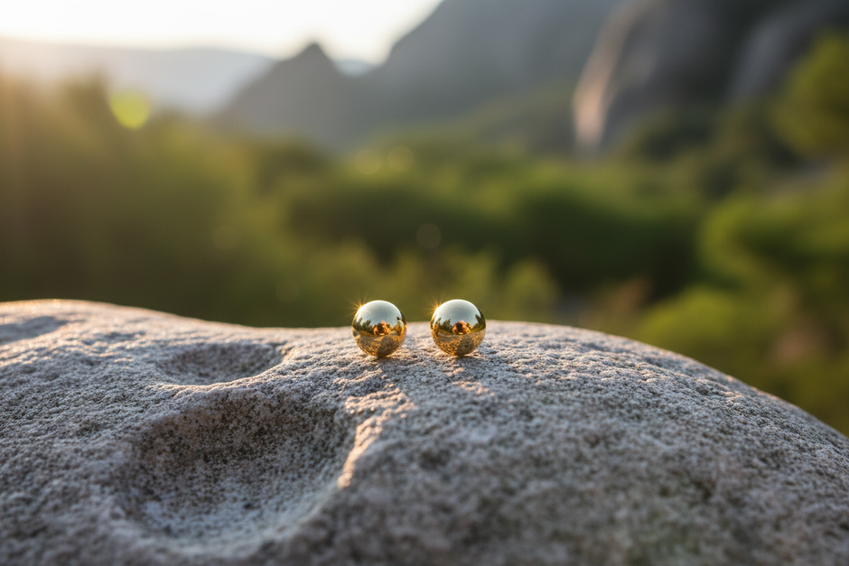 Gold ball earrings on rock with natural sunlight