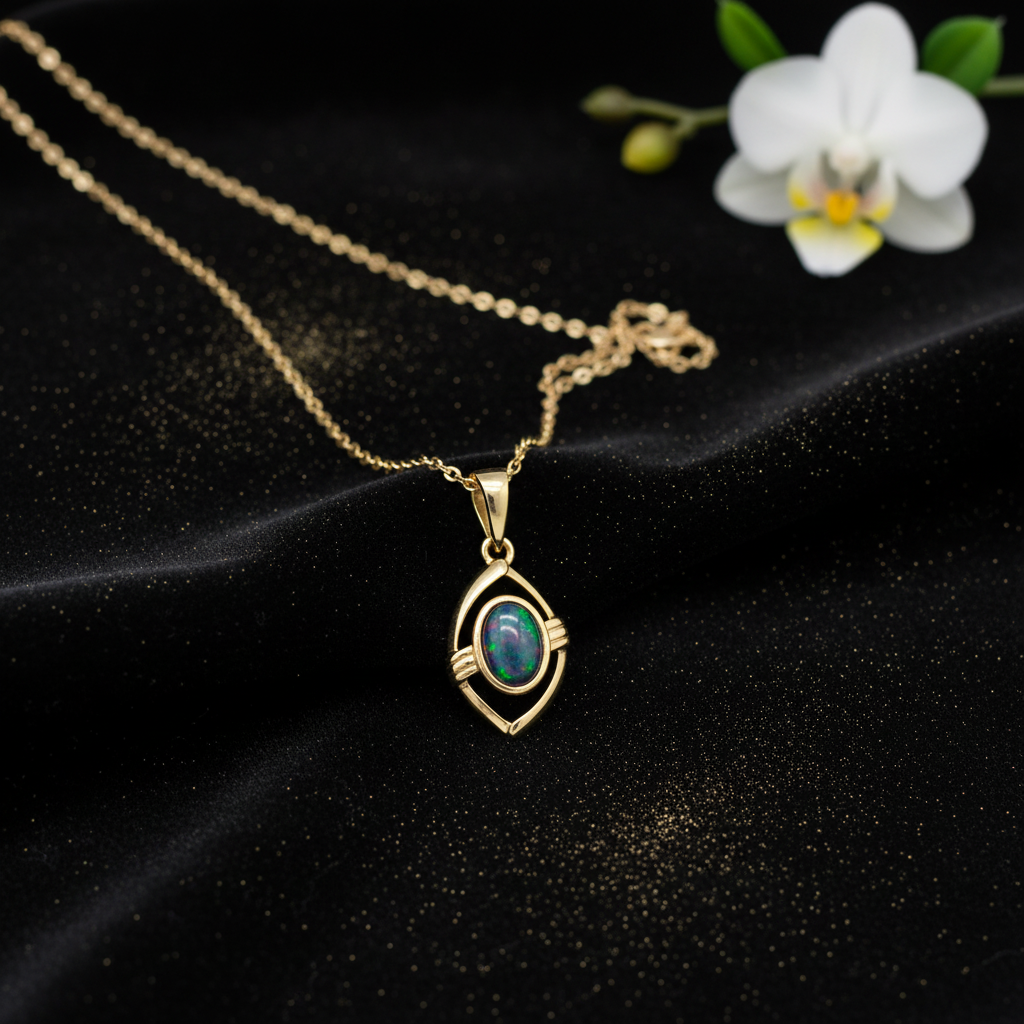 Gold Black Opal Pendant – V3 Dust + Floral