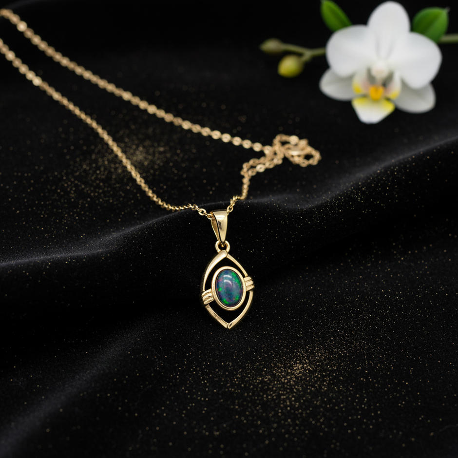 Gold Black Opal Pendant – V3 Dust + Floral
