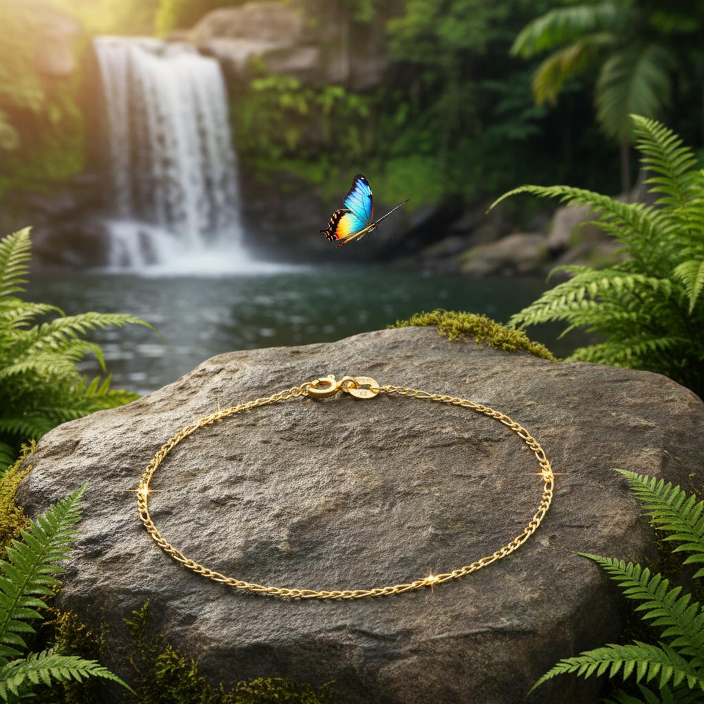Gold bracelet with butterfly flying past and waterfall