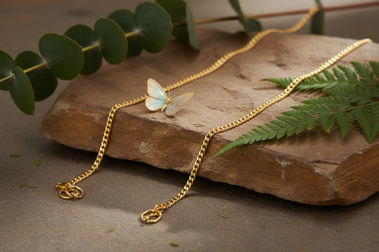 Gold chain on rock with butterfly and greenery