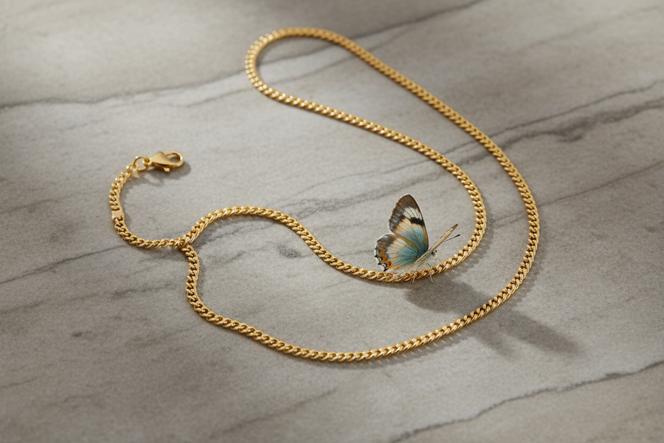 Gold chain on rock with butterfly
