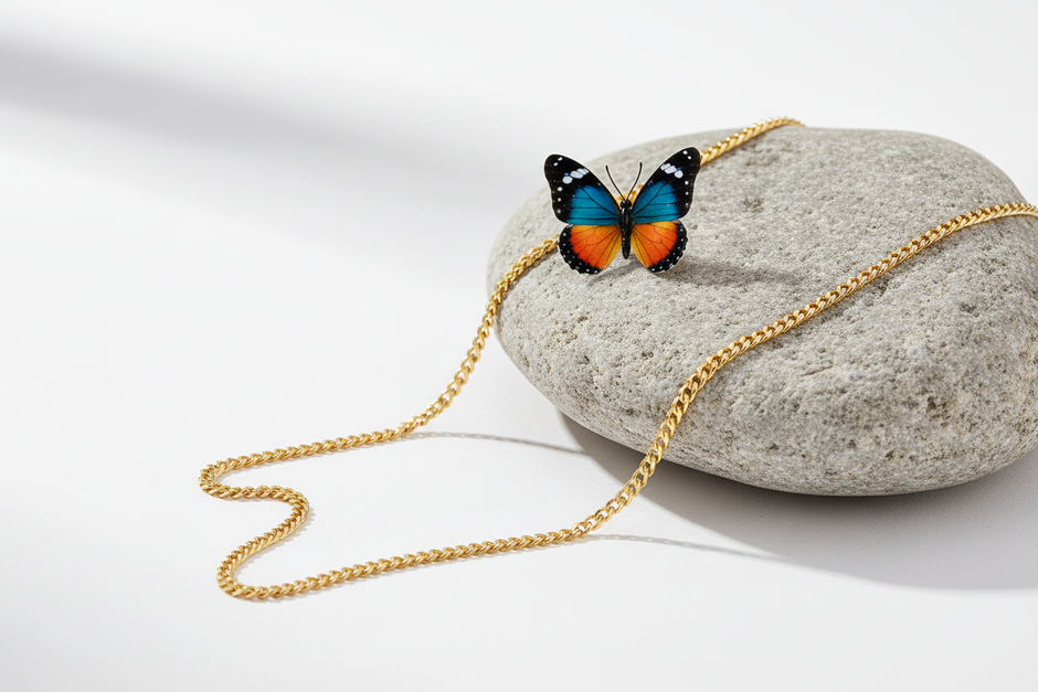 Gold chain on rock with butterfly