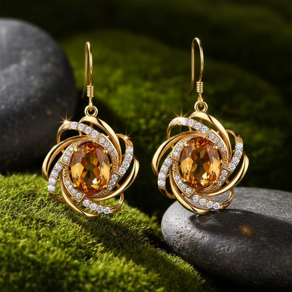 Gold Citrine Earrings - Enhanced Lighting