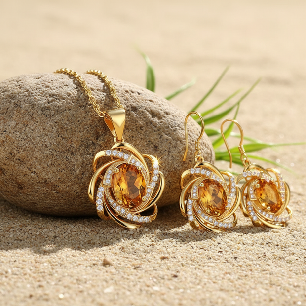 Gold Citrine Jewellery Set - All Leaning on Rock