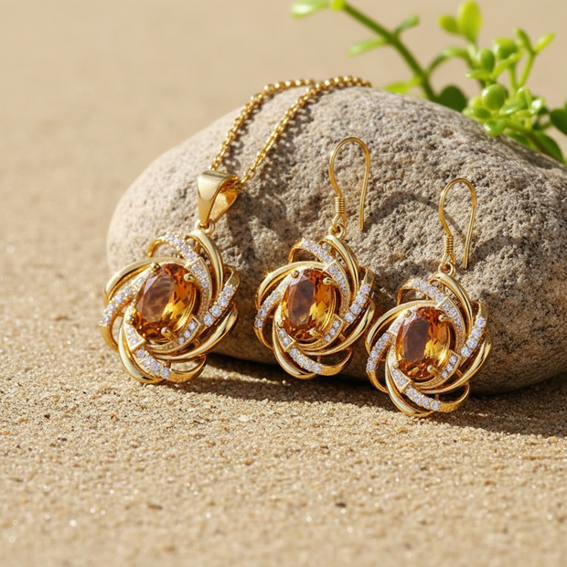 Gold Citrine Jewellery Set - Enhanced Earrings