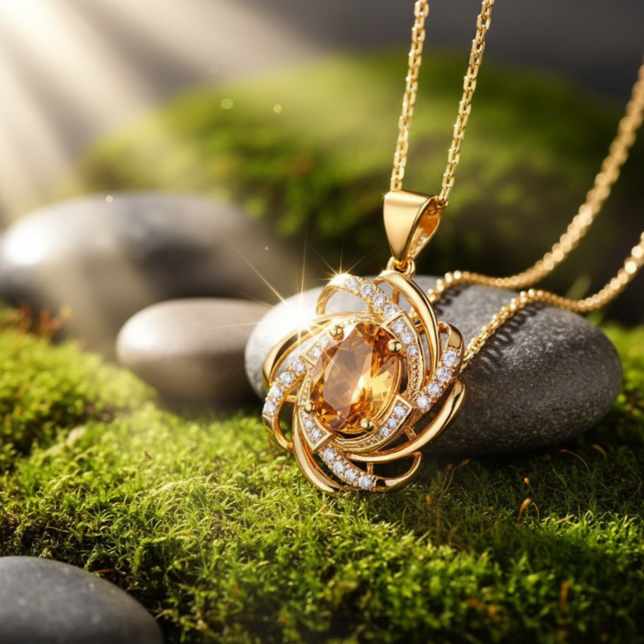 Gold Citrine Pendant Necklace - Sunlit Natural Background