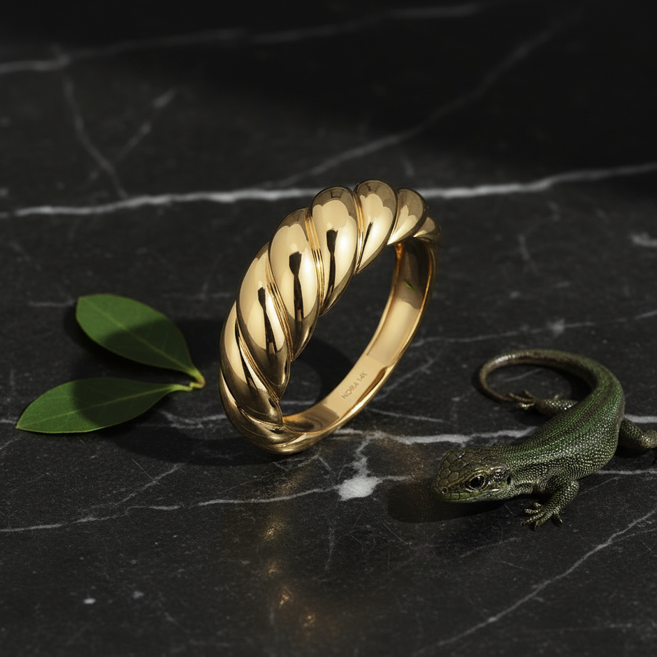 Gold Croissant Ring - Marble Minimal Greenery Lizard