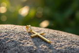 Gold cross on rock with green background, no chain