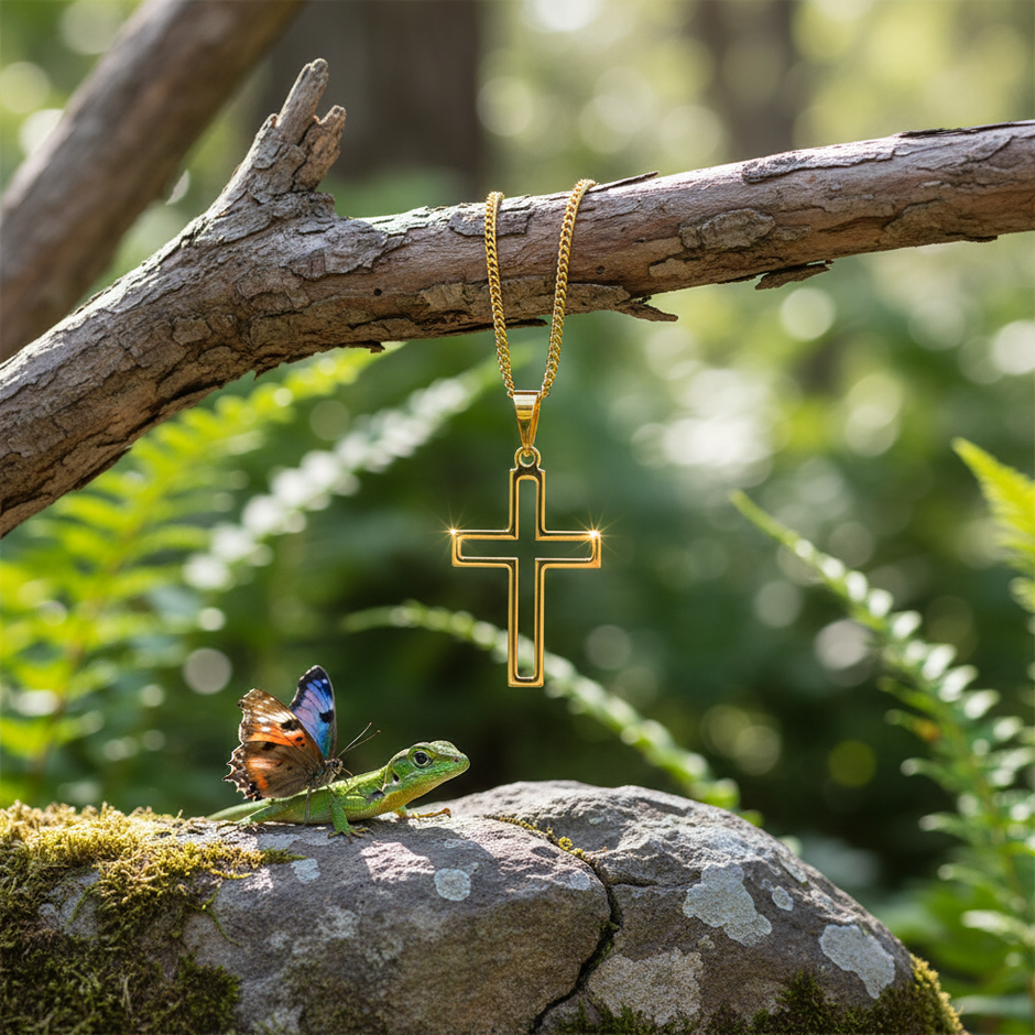 Gold cross pendant with butterfly and lizard in natural setting