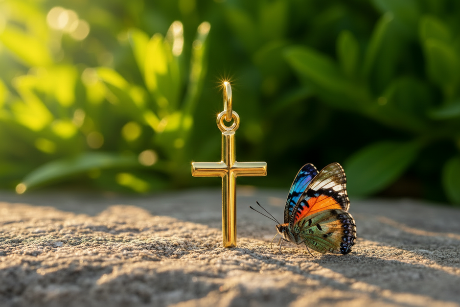 Gold cross with colorful butterfly
