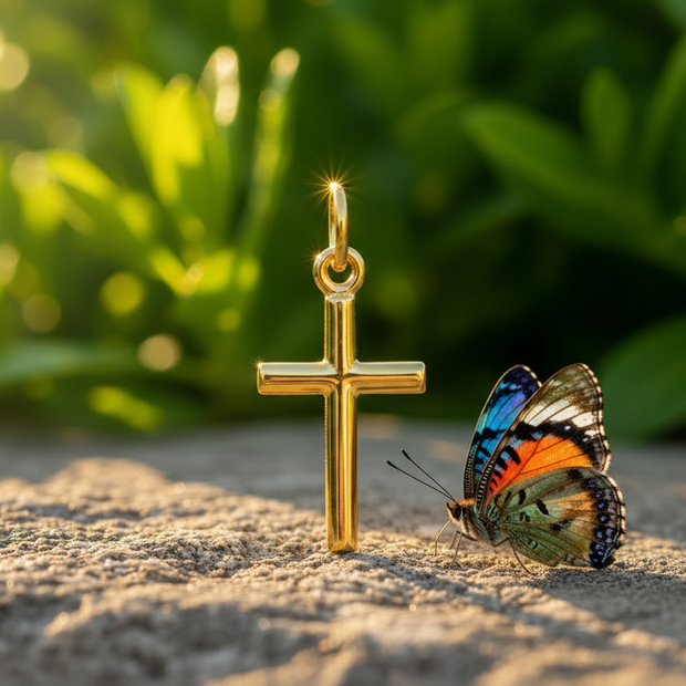 Gold cross with colorful butterfly
