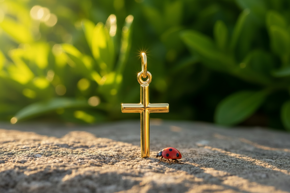 Gold cross with ladybug