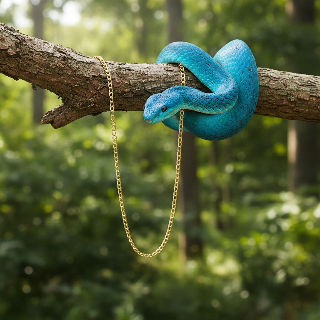 Gold curb chain with blue snake