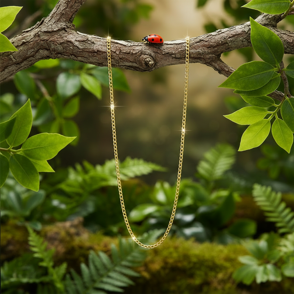 Gold curb chain with ladybug and dewdrops