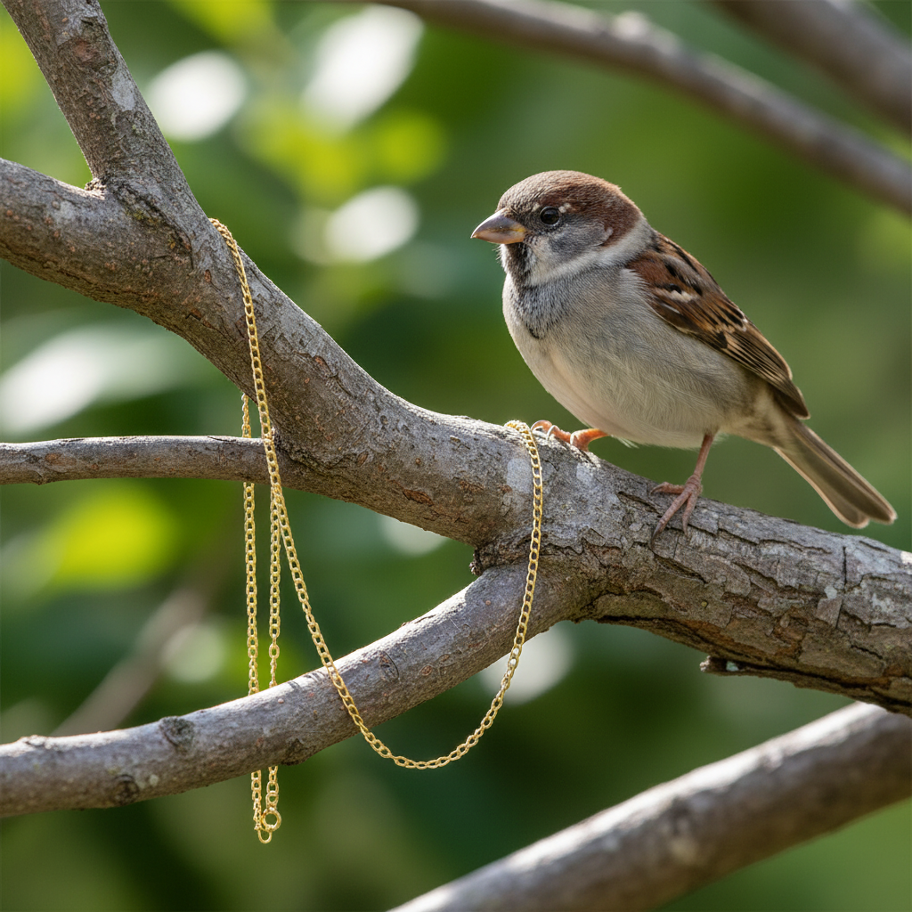 Gold curb chain with sparrow