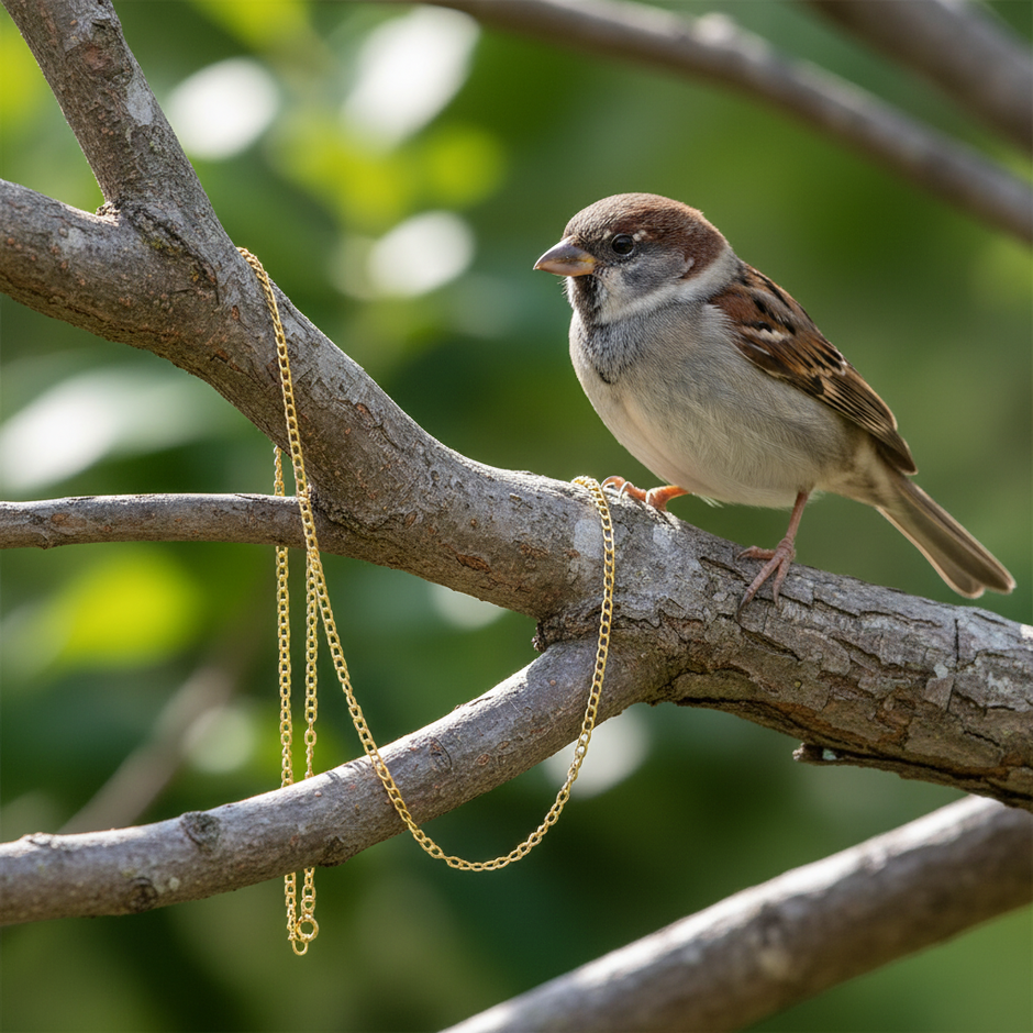 Gold curb chain with sparrow