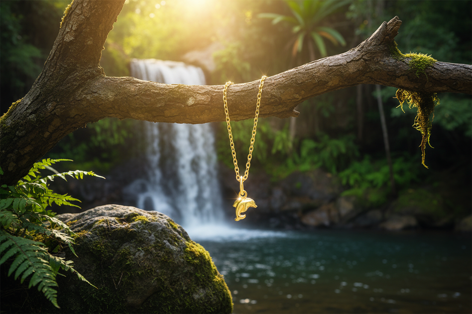 Gold dolphin pendant hanging from branch