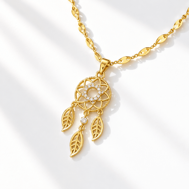 18ct Gold Moonstone Cubic Zirconia Dreamcatcher Pendant Necklace