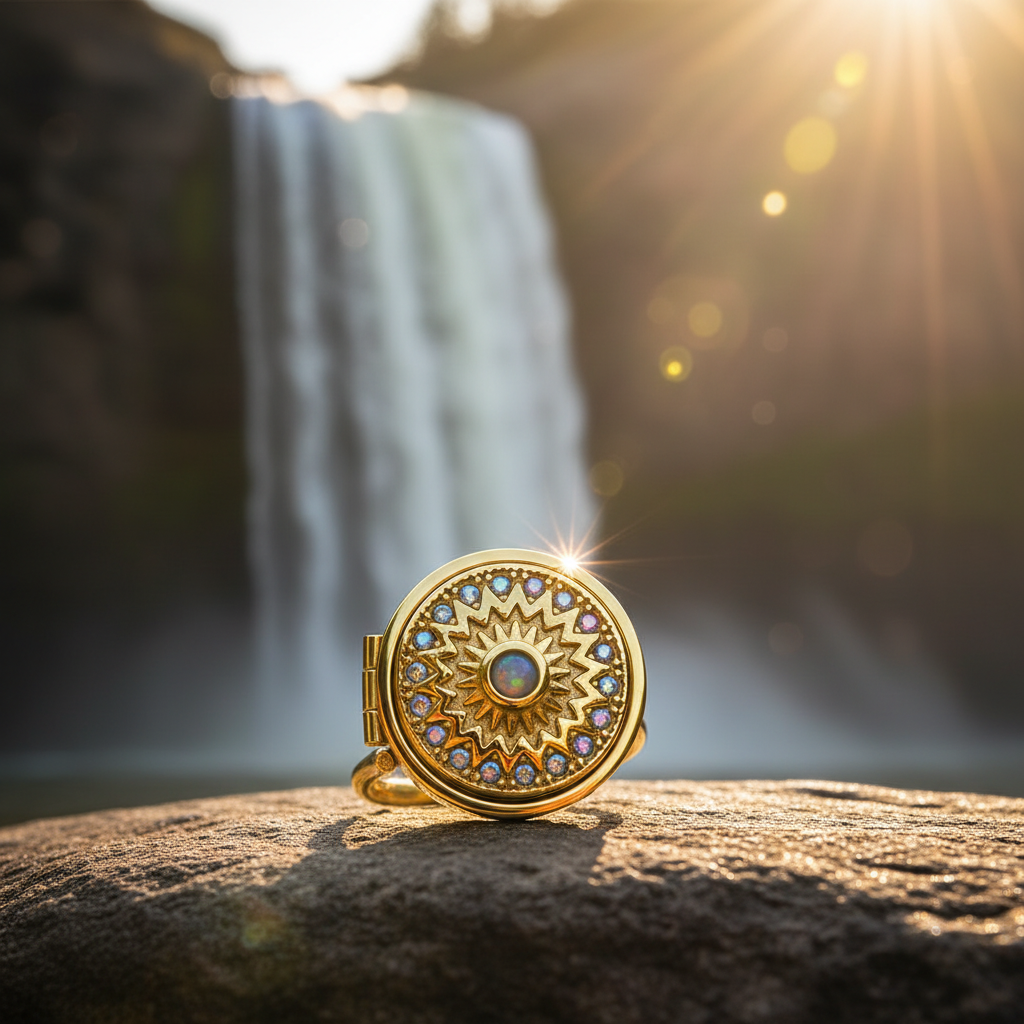 Gold gemstone locket ring on rock with waterfall