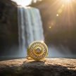 Gold gemstone locket ring on rock with waterfall